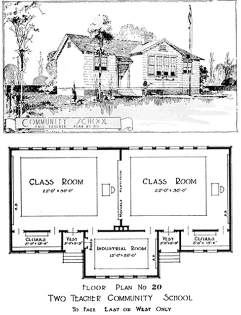 These are similar plans to the School house. There hasn't been any record of finding an original photo of the school when it was built in 1920. But with this picture you are able to get an idea of the school houses layout. Credit: Thomas Hanchett