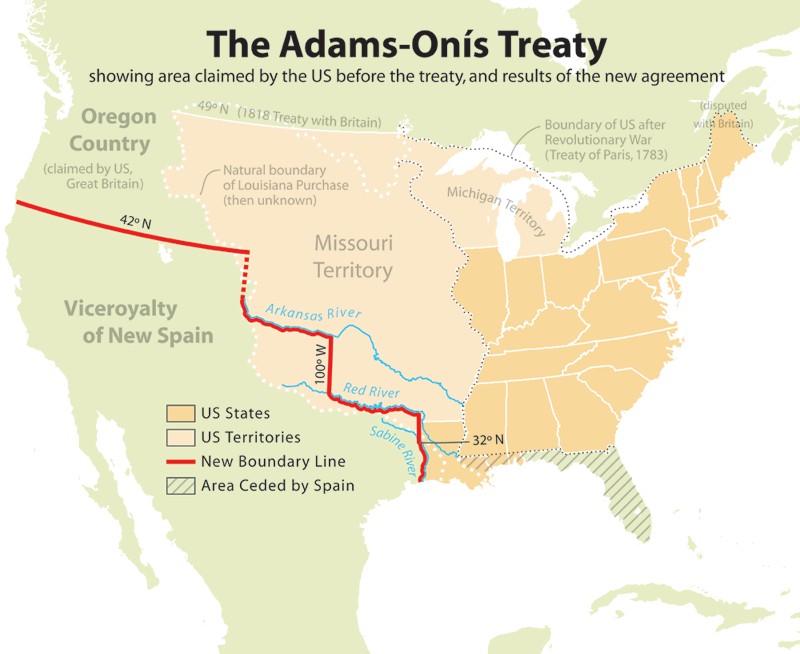 In 1819, Spain and the United States signed Adams-Onís Treaty, which defined the border between America and New Spain.