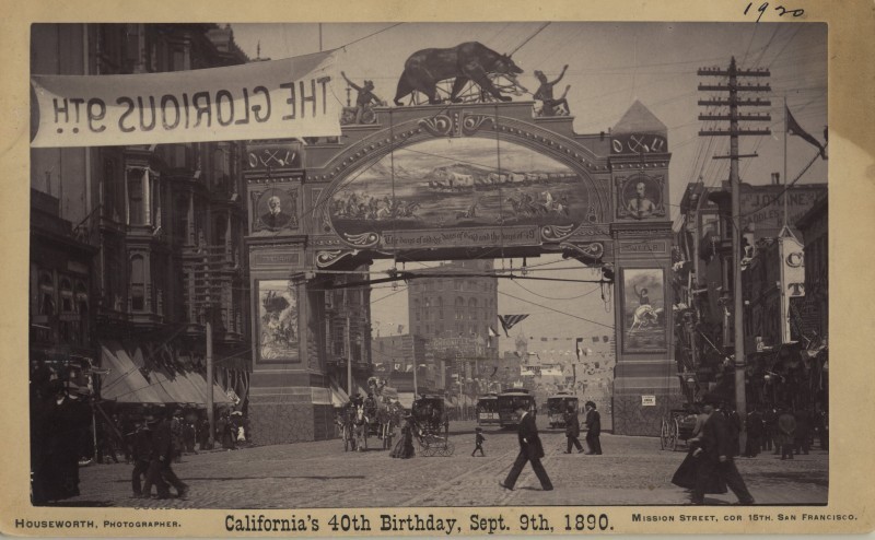 Postcard of the September 9, 1890 celebration of California's 40th birthday in downtown San Francisco (image from the collections of the Society of California Pioneers)