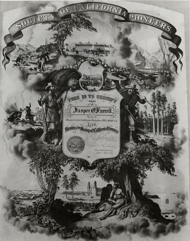 Society member certificate for Jasper O'Farrell, issued June 29, 1874 (image from the Society of California Pioneers)