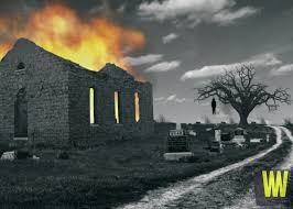 This picture is a depiction of some of the legends that are said to happen at the cemetery. The church was said to have caught fire spontaneously, causing the roof to collapse. There are also stories of witches being hung from a tree in the cemetery as a satanic ritual. This picture is obviously fake but just shows a depiction of some of the stories being told.