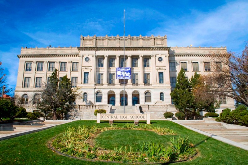 Central High School's main entrance on the south side of the school