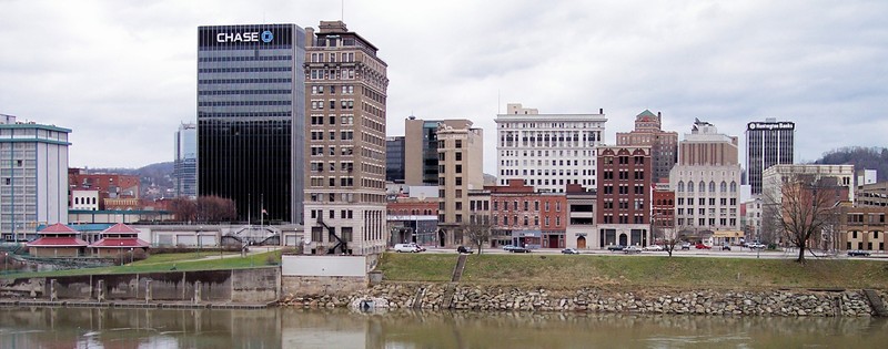 A view of Charleston from the south side of the Kanawha River shows Chase Bank Tower, formerly Charleston National Bank.