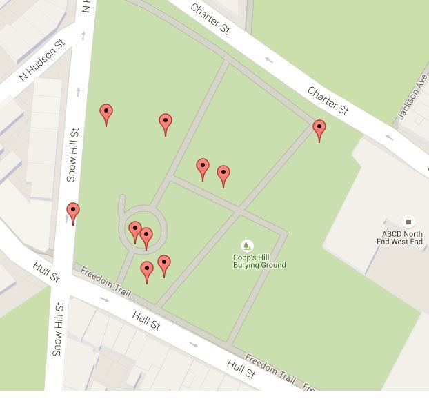 Mapped locations of historical markers and interpretive signage in Copp's Hill Burying Ground (map from Historic Markers Database)