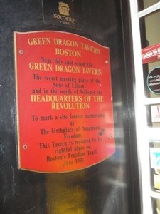 Green Dragon Tavern marker at 11 Marshall St., Boston (image from Historic Marker Database)