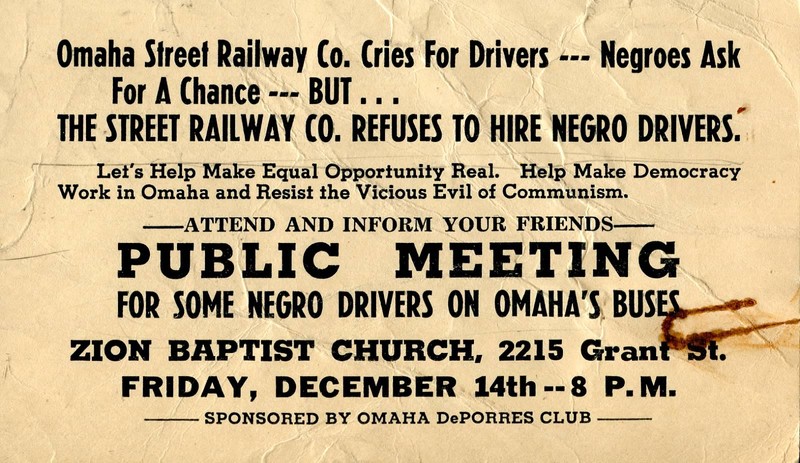 This photo is from The Great Plains Black History Museum collection. The museum's founder, Bertha Calloway, is a former member of the Deporres club. This is an announcement from the club asking for support of their campaign to allow Black drivers.