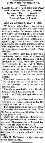 Article about "America's Greatest Colored Resort," Kansas City Sun; April 29, 1916