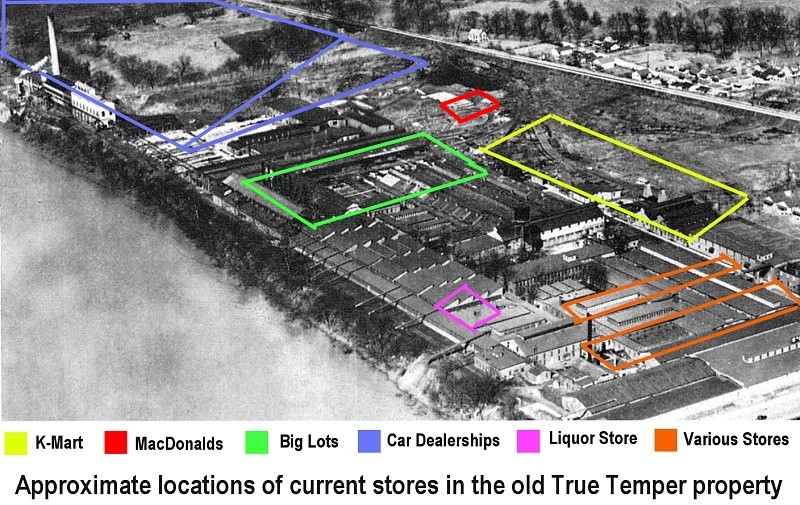 Approximate locations of current commercial buildings that occupy the old Kelly Axe and Tool Company property. 