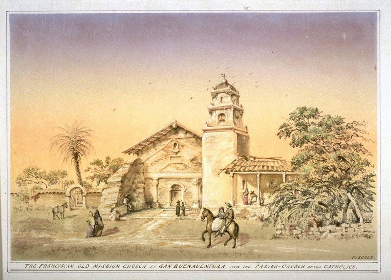 Edward Vischer's sketch of San Buenaventura, published in the 1870s. Vischer's sketches are sone of the best visual references for the era in California (UC Berkeley, Bancroft Library). 