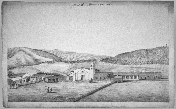 Henry Miller's works hearken from even earlier. His sketches from 1856 are the first known attempt to depict the California missions in a series (UC Berkeley, Bancroft Library).