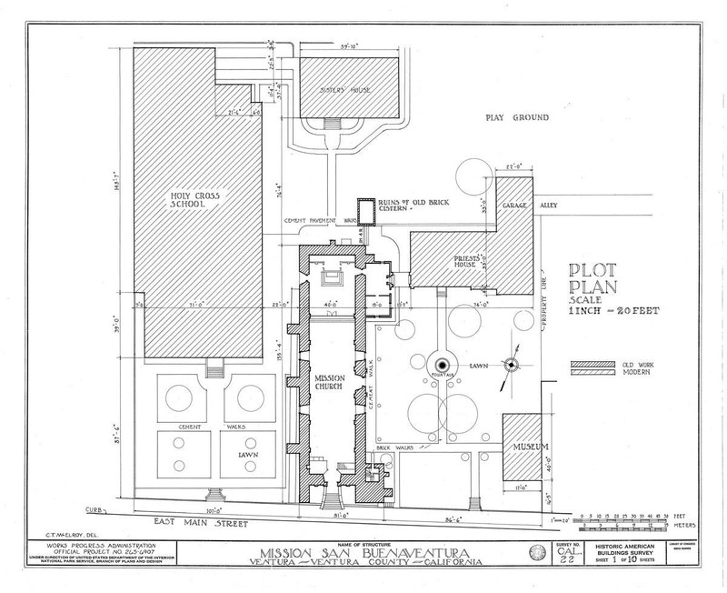 A 1930s Works Progress Administration survery of the  site displays the layout of the mission's buildings.