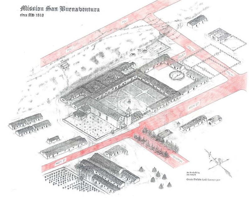 A depiction of the mission grounds at the height of San Buenaventura's prosperity in 1818, overlaid on modern Ventura streets. Courtesy of SanBuenaventuraMission.org.