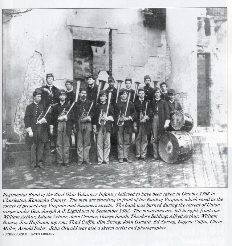 Union troops in front of the James Macfarland's Bank of Virginia. Photo courtesy Rutherford B. Hayes Library. Caption by Terry Lowry, excerpted from "Images of the Civil War in West Virgina," by Terry Lowry & Stan Cohen. Quarrier Press, 2000.