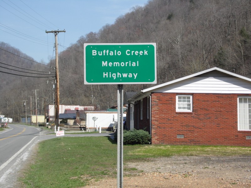 The highway marker placed in 2009 naming Highway 16, Buffalo Creek Memorial Highway.
Photo by Devon M. Goodman