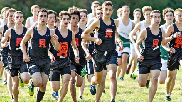 Oliver Ames boys cross country starts the race. ("Oliver Ames Cross Country Team Runs Past Canton," Mile Split MA.)