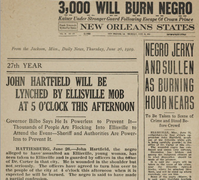 The is a copy of the news paper that was released in 1919 parading the lynching of John Hartfield. 