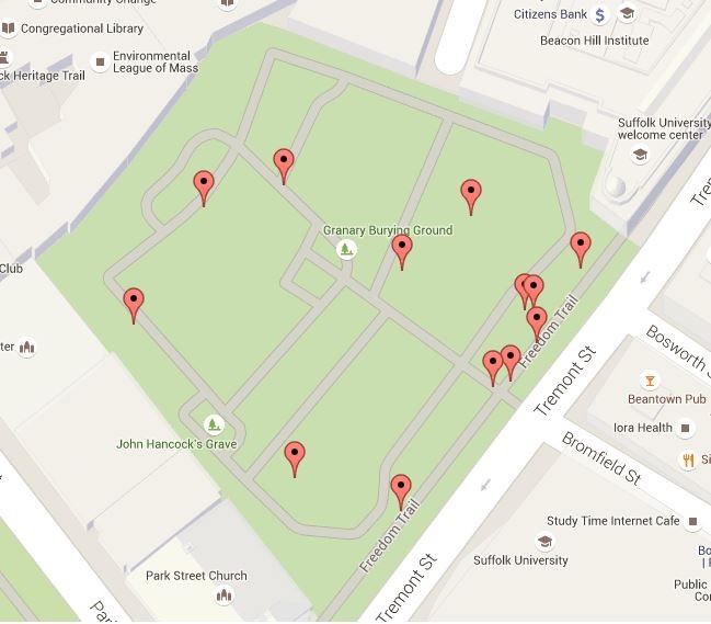 Map of historic markers and signage in the Granary Burying Grounds (map from Historic Markers Database)