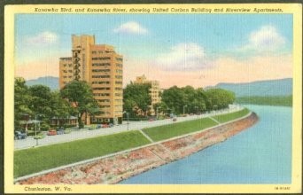 Ca. 1940 postcard featuring the newly-constructed United Carbon Building along Kanawha Blvd..