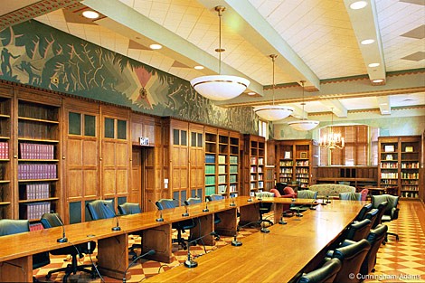 The North Reading Room at Cravath Hall with restored Aaron Douglas murals (image from the Smithsonian American Art Museum)