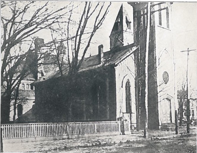 The first church built in Charleston at the corner of Quarrier and Broad Streets. 