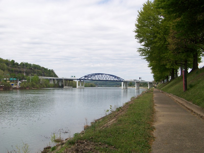 View of I-64 Bridge looking west from Kanawha Boulevard river trail in Charleston, WV. 2013 photo by Michael A. Miller