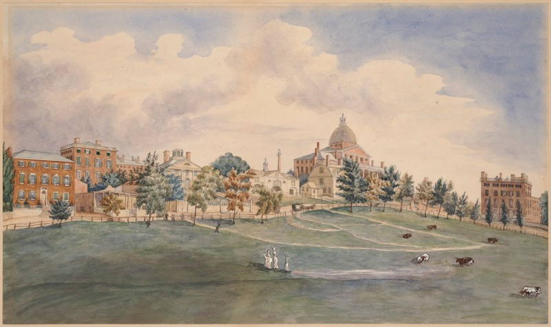 Beacon Street and the Common, 1808 watercolor by John Rubens Smith (image from the Boston Public Library)