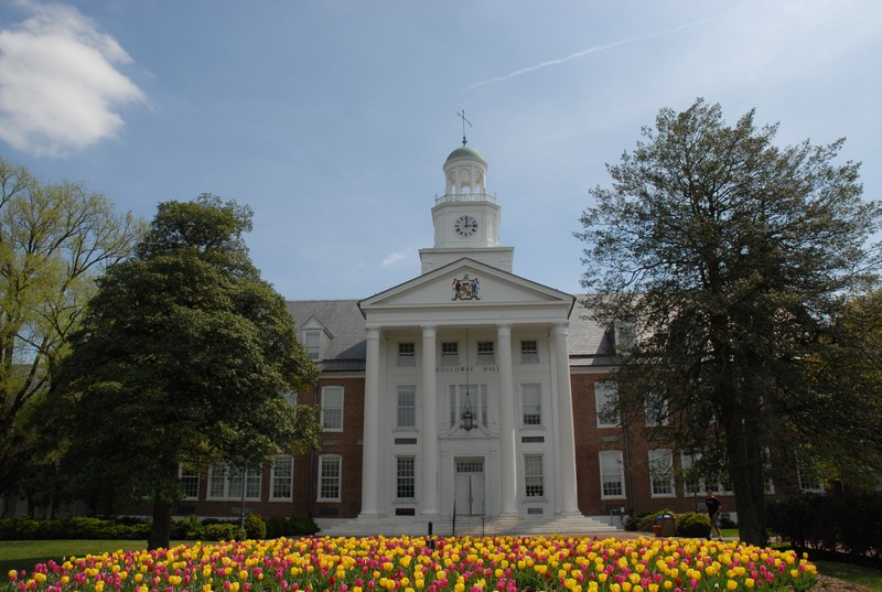 Front of Holloway Hall with tulips, 2009