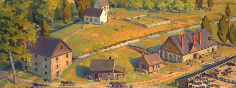 Artist's depiction of the gristmill and distillery