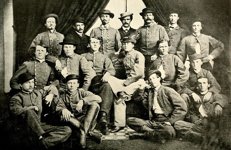 Image of Mosby's Rangers. John Mosby is in the center (second row, fourth from the left)