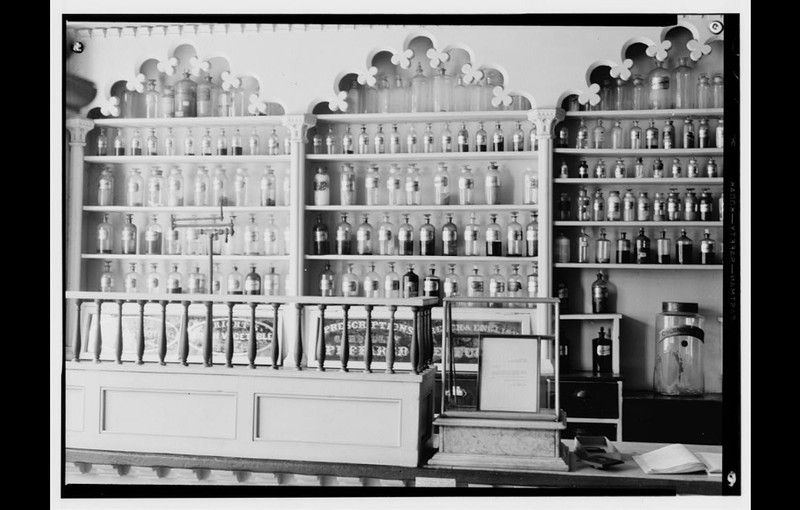 Inside the Apothecary. Photo taken after 1933. Source: Historic American Buildings Survey (Library of Congress)