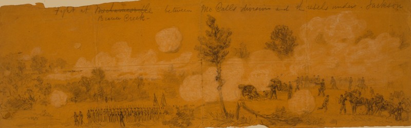 This sketch done while the battle raged was done by Alfred Wauld and published soon after in Harper's Weekly. It was titled: "The Army of the Potomac-The Battle of Beaver Creek, June 26, 1862." Courtesy of the Library of Congress.