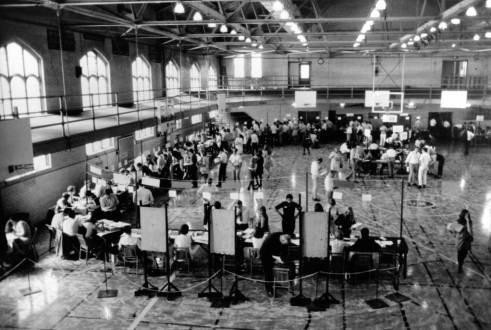 Student registering in the Old Gym circa 1960 