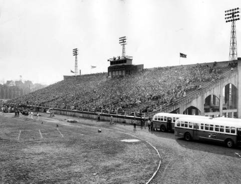 Fans fill the bleachers for a home game circa 1936