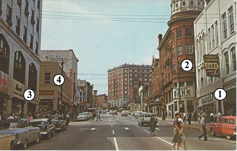 Looking to the west up Main Street, the four corners pictured in this 1950s era postcard are: #1, the Dudley Block-- #2, the "hotel" corner--#3, the Masonic Temple corner--#4, the Woolworth corner. Downtown Danville is undergoing revitalization.