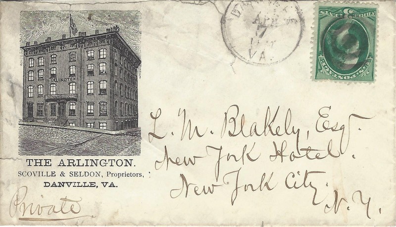 The first (1833) building on corner #2 was the Red Castle Tavern, housing the Farmers' Bank of VA. Shown in an 1870s postal cover, the Arlington Hotel next graced the corner. All the hotels on this corner had to deal with a severe slope of the land.