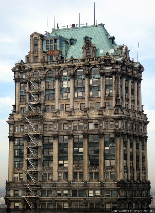 Close-up of the details on the top of the Book Tower