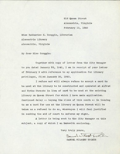 Tucker's letter in response of the Blacks-only library following the sit-in