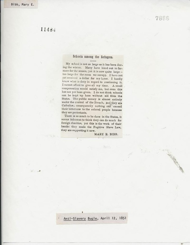 An entry written by Mary Bibb in Voice of the Fugitive newspaper. In her post, she describes the ongoing struggles of running and maintaining a school for African Americans in Canada, including the lack of funding.  She also makes a reference to the Fugitive Slave Act, suggesting that the US owes them money for their education, since they were the ones who forced them out. 