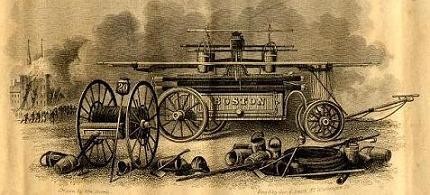 Engraving depicting a Boston hand engine c.1830 (image from Boston Fire History)