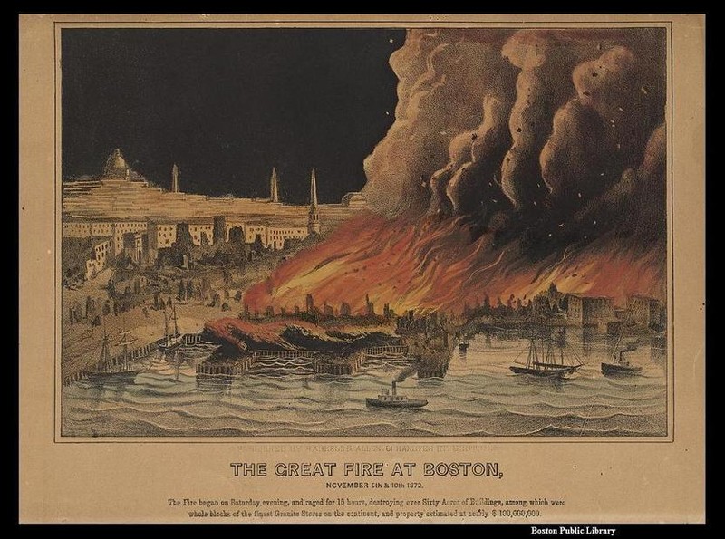 Lithograph depicting the Great Fire of 1872 (image from the Boston Public Library)