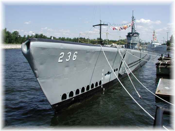 A present-day photo of the USS Silversides (SS-236) moored in the Muskegon Channel.