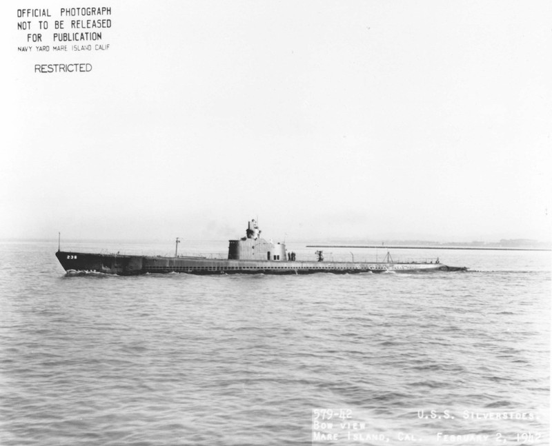 USS Silversides near her port of origin, the Mare Island Navy Yard in Vallejo, California, during World War II.