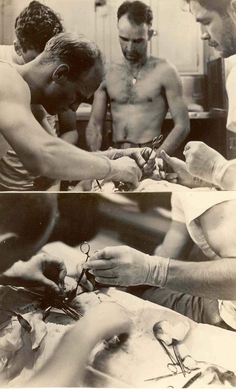 An emergency but ultimately successful appendectomy being performed on Seaman George Platter while out at sea in 1942. Improvised surgical implements made from kitchen tools were used for the operation.