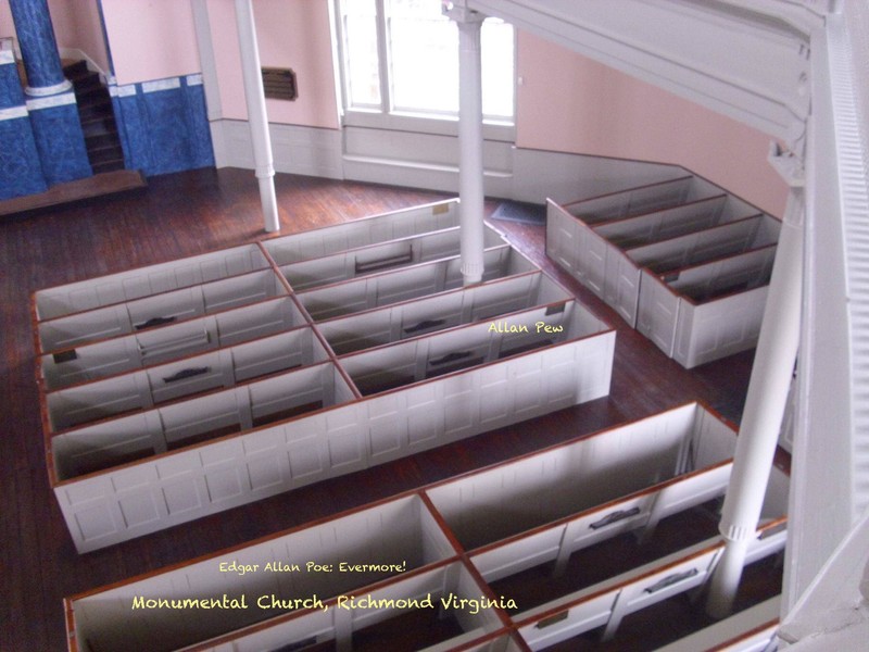 Interior of the church. The pew with the caption "Allan Pew" is the pew Edgar Allan Poe sat in when he was a parishioner of the church. 