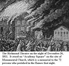 undated rendition of the 1811 Richmond fire. Building in center was the Richmond Theatre