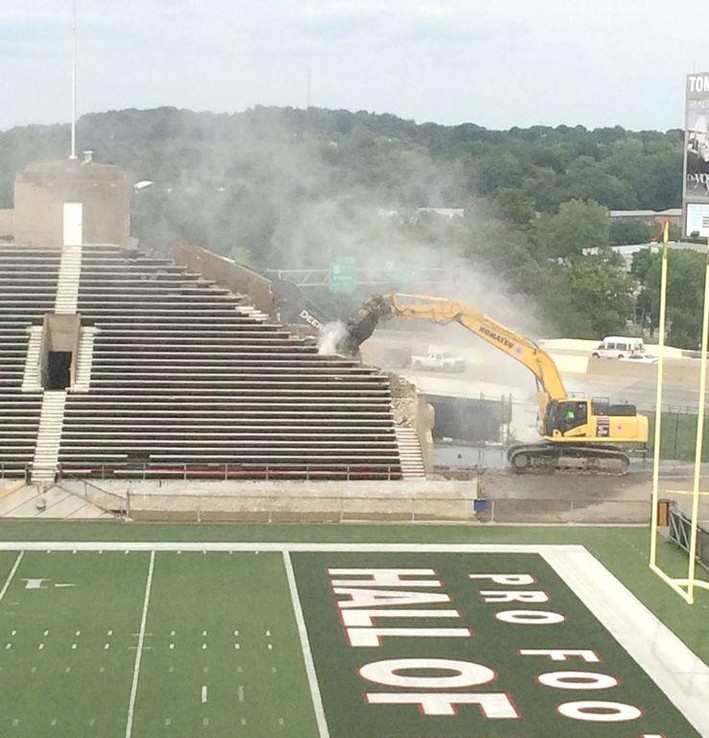 Fawcett Stadium during demolition in the spring of 2015. To become Tom Benson Hall of Fame Stadium