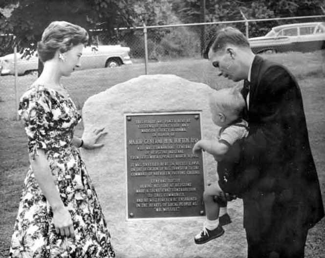 Doris Toftoy Williams with the memorial plaque to her father in 1958.