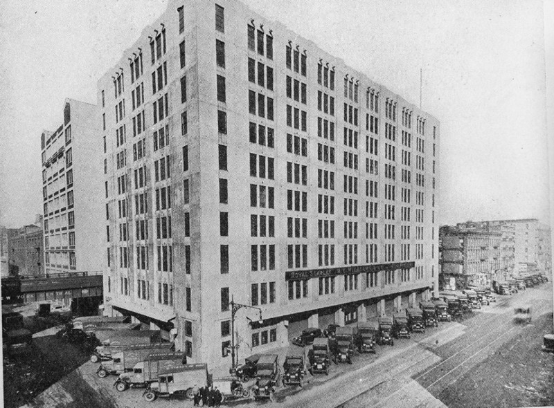 The R.C. Williams Warehouse, ca. 1930s, with fleet of trucks at street level