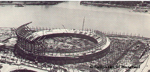 A historic photo of the stadium under construction. 