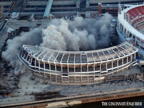 Cinergy Field is demolished with the new Great American Ballpark in the background. 